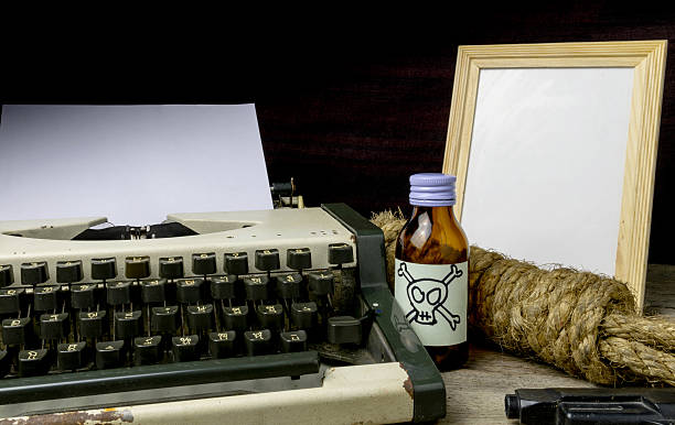 istock Typewriter with paper page and poison and gun. Concept 624098016