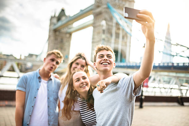 istock friends take a selfie in london - Tower bridge 624098466
