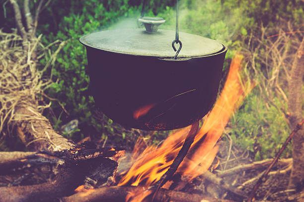 istock Cooking in field conditions, boiling pot at the campfire. 624099658