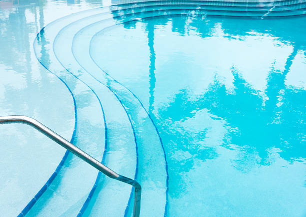 Reflection of palm trees overhanging an inviting swimming pool with curved steps.