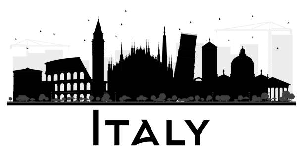 이탈리아 스카이 라인 흑백 실루엣. - rome italy skyline silhouette stock illustrations