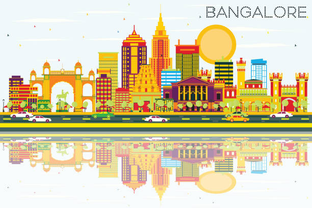 bangalore skyline mit farbbauten, blauem himmel und reflexionen - india bangalore contemporary skyline stock-grafiken, -clipart, -cartoons und -symbole