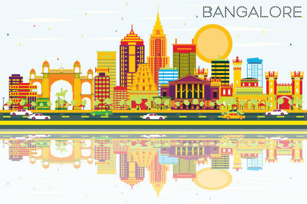 illustrazioni stock, clip art, cartoni animati e icone di tendenza di skyline di bangalore con edifici a colori, cielo blu e riflessi - bangalore