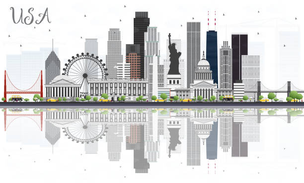 illustrazioni stock, clip art, cartoni animati e icone di tendenza di skyline degli stati uniti con grattacieli grigi, punti di riferimento e riflessi. - san francisco county skyline silhouette sky