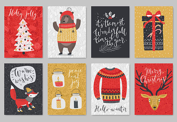 zestaw kartek bożonarodzeniowych, ręcznie rysowany styl. - christmas design christmas tree paintings stock illustrations