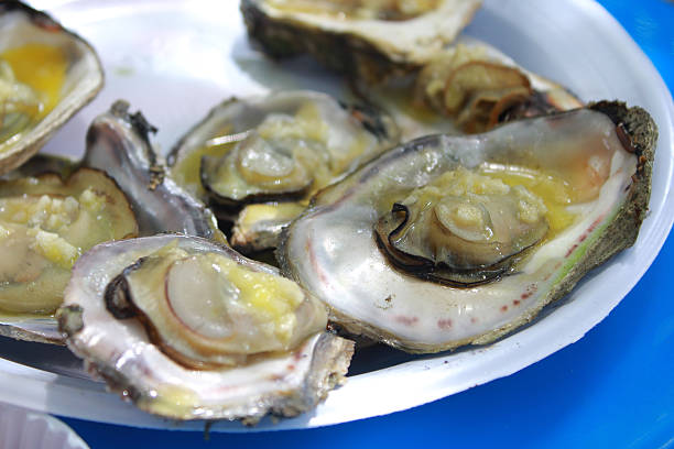 ostras fritas (crassostrea gigas) - crassostrea - fotografias e filmes do acervo