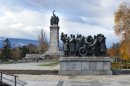 Sofia, Bulgaria - November 13, 2016: Left from the years of communist regime in Bulgaria the monument of Soviet army situated in the center of Sofia City, gloomy symbol shot in a gloomy autumn day