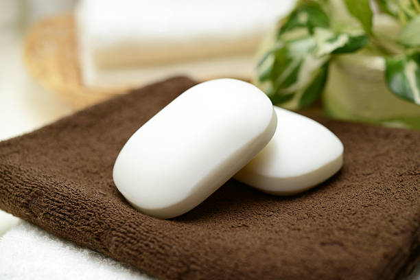 Bath time Bath products on the table bar of soap photos stock pictures, royalty-free photos & images
