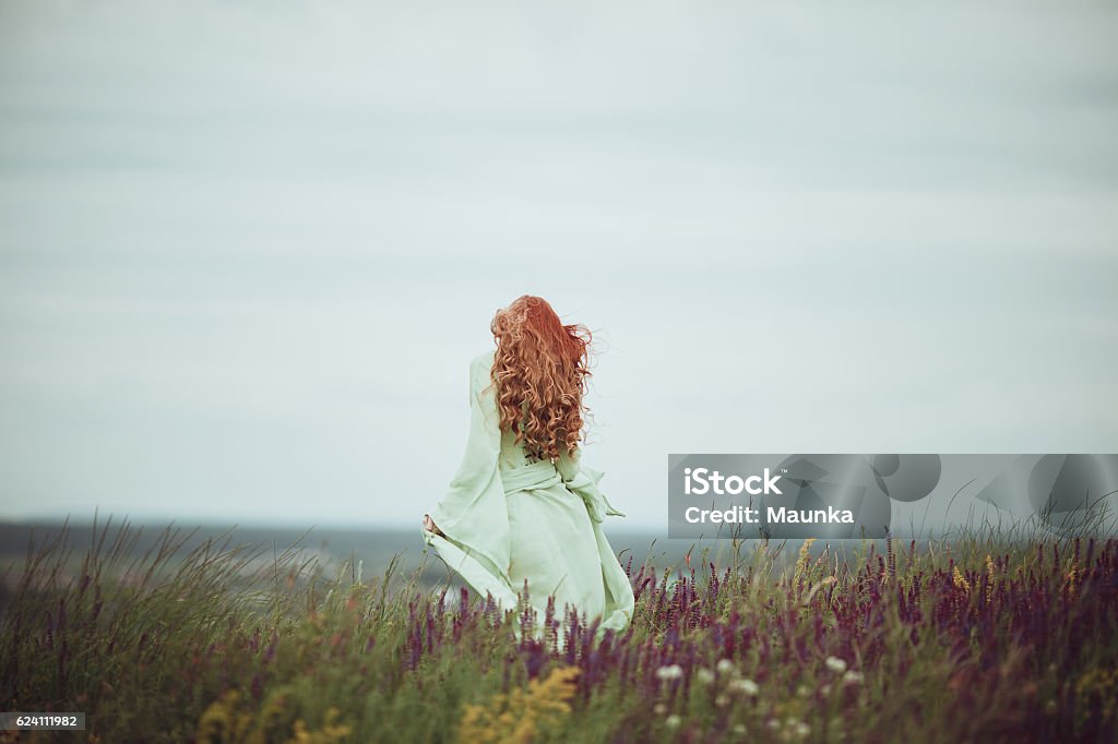 Young redhead girl in medieval dress Young redhead girl in medieval dress walking through field with sage flowers. Wind concept. Fantasy Nature Stock Photo