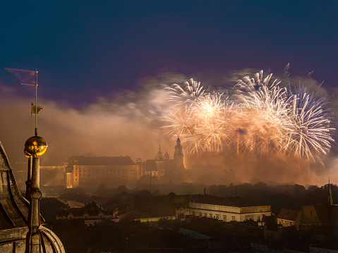 Cracow at night, Wawel, fireworks,