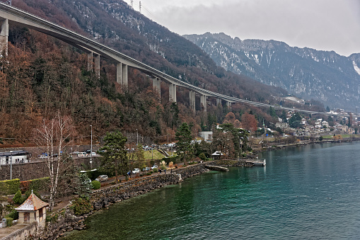 Long bridge in Montreux city center in winter