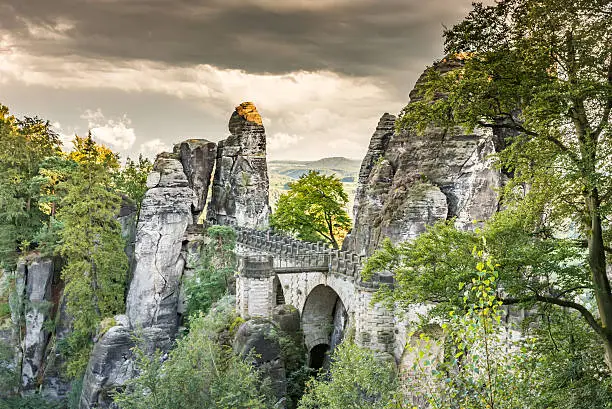 Medieval Bastei Bridge in the Elbe Sandstone mountains (Saxony, Germany)