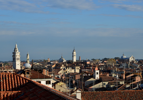 Venice historic center skyline with old bell towers at sunset