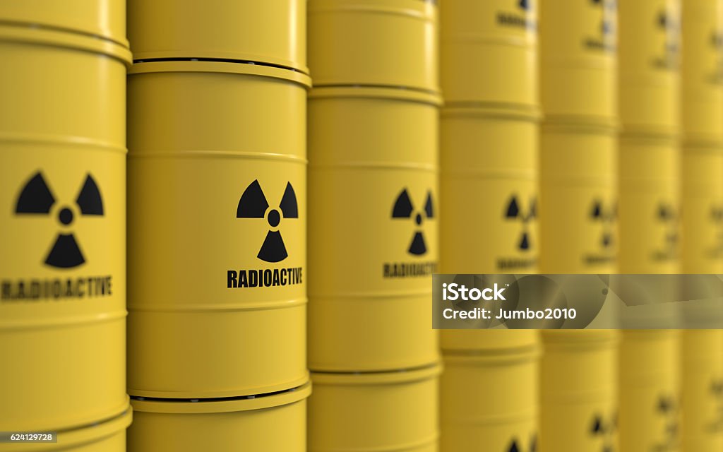 Toxic waste 3D rendering of yellows barrels containing radioactive material Uranium Stock Photo