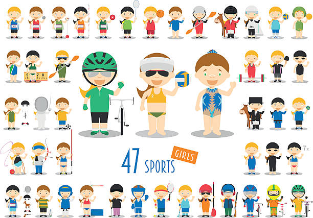 big set z 47 cute cartoon znaków sportowych dla dzieci. - isolated volleyball women adult stock illustrations