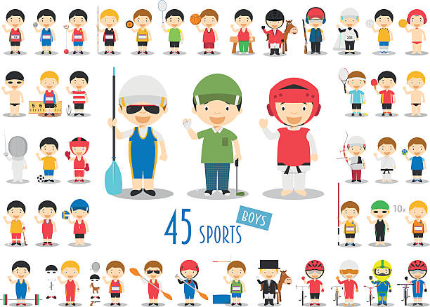 illustrations, cliparts, dessins animés et icônes de grand ensemble de 45 personnages de sport de dessins animés mignons pour les enfants. - golf course illustrations