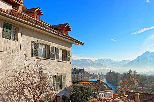 istock Panorama of Thun Town with Thunersee and Alps 624138522