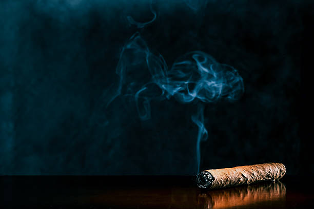 Cigar on dark background Smoking cigar on a dark surface of mahogany wood. cigar photos stock pictures, royalty-free photos & images