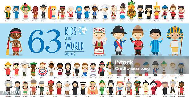 Kids Of The World Teil 1 63 Kinderfiguren Stock Vektor Art und mehr Bilder von Kind - Kind, Globus, Traditionelle Kleidung