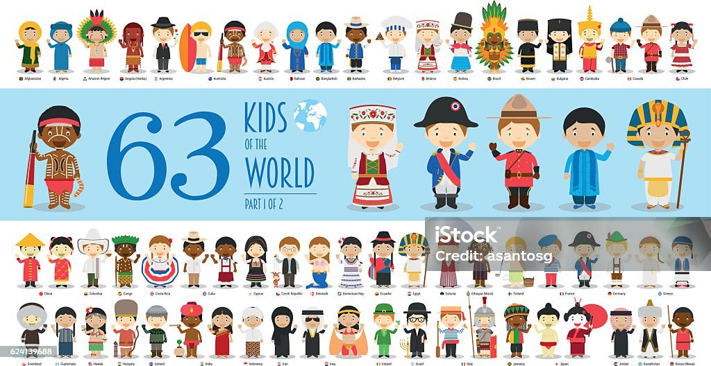世界の子供たち パート1:63人の子供のキャラクター - 子供のロイヤリティフリーベクトルアート