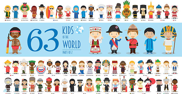 세계 1부 어린이: 63명의 어린이 캐릭터 - 인도네시아 일러스트 stock illustrations