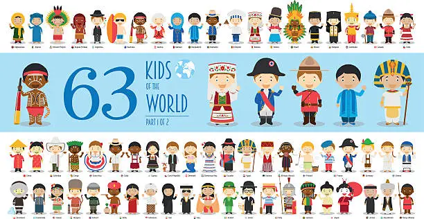 Vector illustration of Kids of the World Part 1: 63 children characters