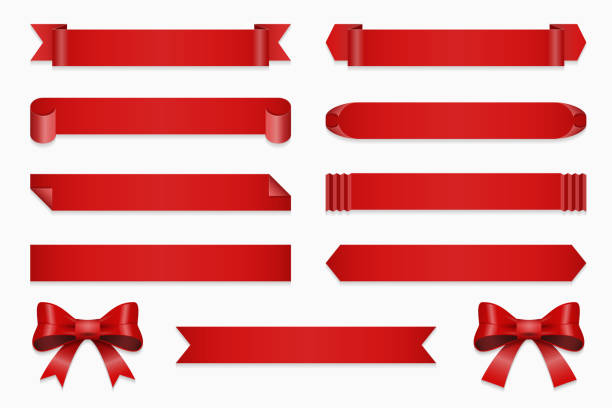 ilustrações, clipart, desenhos animados e ícones de conjunto de fita de aniversário. fitas de bandeira vetorial e arco - curled up red ribbon white background