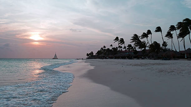 coucher de soleil sur la plage de manchebo sur l’île d’aruba dans les caraïbes - sailing sailboat sunset aruba photos et images de collection