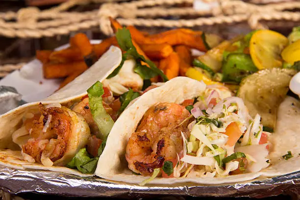 Shrimp Tacos with sweet potatoes and Sauteed vegetables