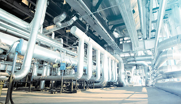 istock Industrial zone, Steel pipelines, valves and cables 624158300