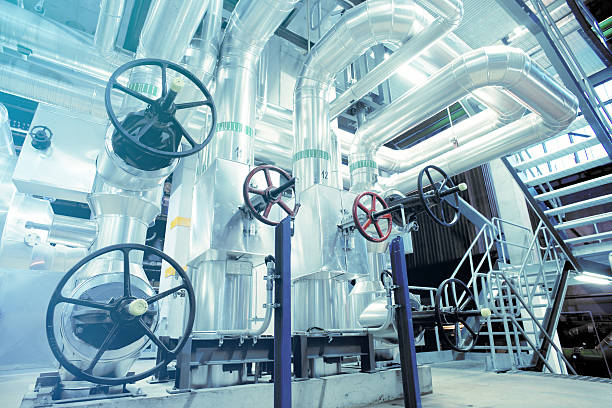 istock Industrial zone, Steel pipelines, valves and cables 624158378