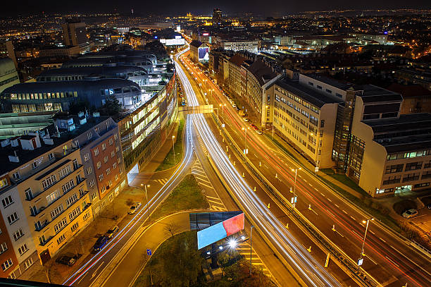 istock Dynamic city life in dark night. Prague from beauty perspective 624160308