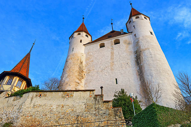 widok na zamek thun na kamiennych schodach w szwajcarii - thun switzerland facade european culture zdjęcia i obrazy z banku zdjęć