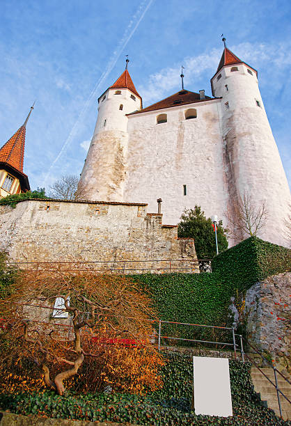 vista del castillo de thun a pasos de piedra en suiza - lake thun swiss culture berne castle fotografías e imágenes de stock