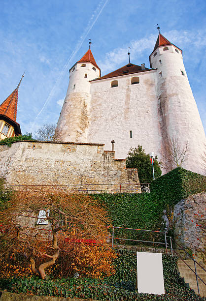 widok na zamek thun na kamiennych schodach w szwajcarii - thun switzerland facade european culture zdjęcia i obrazy z banku zdjęć