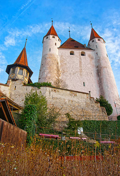 widok na zamek thun na kamiennych schodach w szwajcarii - thun switzerland facade european culture zdjęcia i obrazy z banku zdjęć