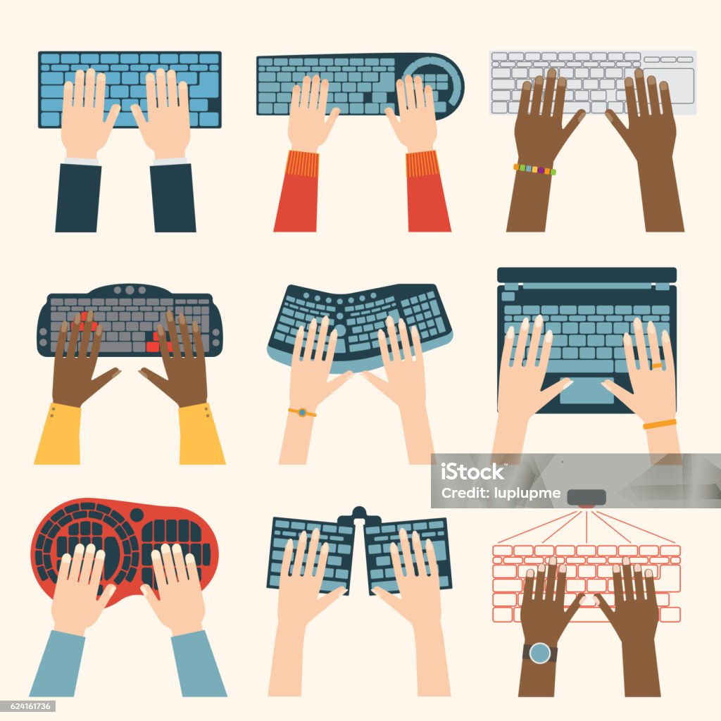 Desktop Computer Keyboard Hand Pattern Keyboard Hands Vector Set Stock Illustration - Download Image Now ...