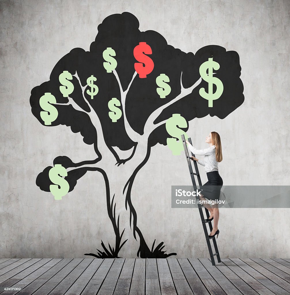 Woman is climbing at dollar tree Woman is climbing at dollar tree sketch drawn on concrete wall. One dollar is red. Concept of making money and doing impossible things. Adult Stock Photo