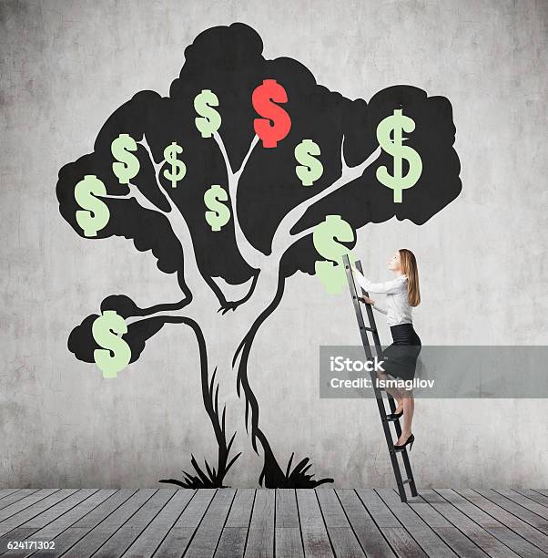 Woman Is Climbing At Dollar Tree Stock Photo - Download Image Now - Adult, Aspirations, Banking