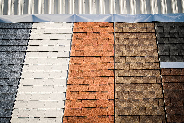 Colorful House Roof Shingles Samples on Display Colorful House Roof Shingles Samples on Display wood shingle photos stock pictures, royalty-free photos & images
