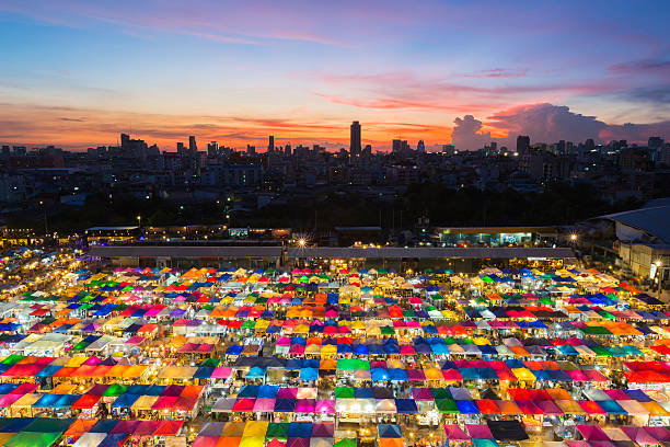 istock Multiple colour night market roof top with sunset 624182824