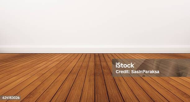 Wooden Floor And White Wall Stock Photo - Download Image Now - Parquet Floor, Flooring, Diminishing Perspective