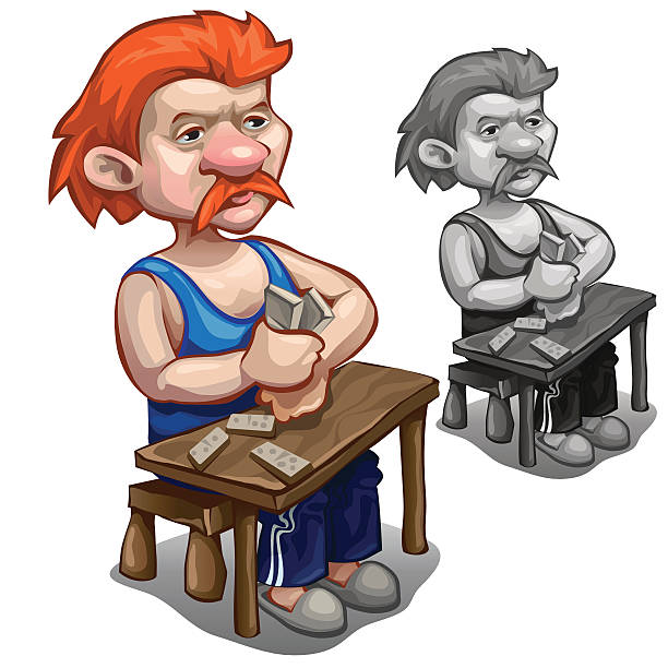 illustrations, cliparts, dessins animés et icônes de homme aux cheveux roux jouant aux dominos sur une table en bois - portrait homme sérieux extérieur