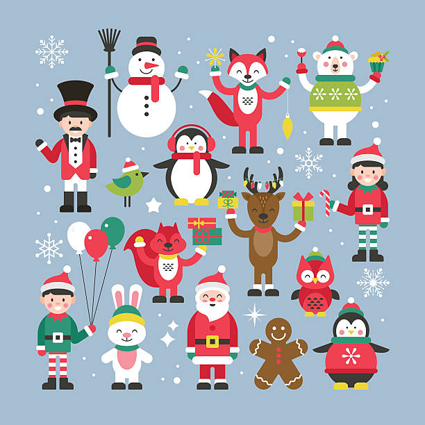 그래픽 및 웹 디자인을위한 귀여운 크리스마스 문자 세트 - santa claus elf christmas holiday stock illustrations