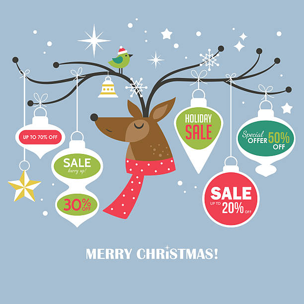 ilustraciones, imágenes clip art, dibujos animados e iconos de stock de plantilla de diseño de banner de venta de navidad con ciervos lindos. - social media marketing branding sign