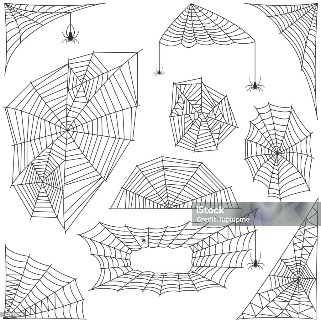 Spider web silhouette vector set Spiders and spider web silhouette spooky nature element vector set. Cobweb decoration fear spooky spider web silhouette. Danger horror trap cobweb decoration spider web silhouette. Spider Web stock vector