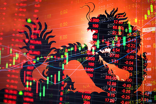 China stock market graph ticker China stock market price graph display. Dragon as background means China economy concept. Stock market graph showing up trend economy. Red text price ticker board. Success in China business. No flag. ticker tape machine stock pictures, royalty-free photos & images