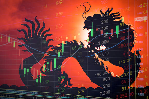 China stock market graph ticker China stock market price graph display. Dragon as background means China economy concept. Stock market graph showing up trend economy. Red text price ticker board. Success in China business. No flag. ticker tape machine stock pictures, royalty-free photos & images