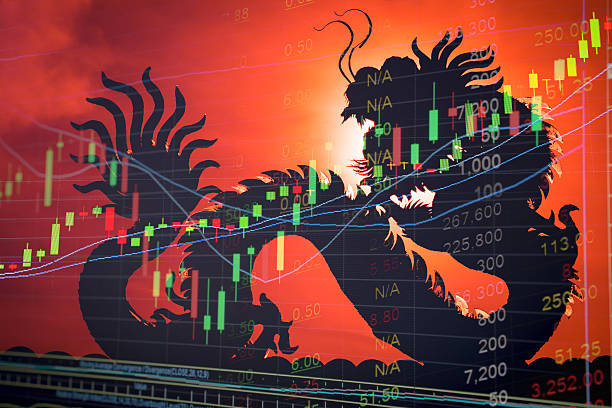 China stock market graph ticker China stock market price graph display. Dragon as background means China economy concept. Stock market graph showing up trend economy. Red text price ticker board. Success in China business. No flag. currency symbol photos stock pictures, royalty-free photos & images