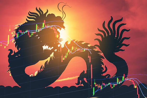 China stock market graph crash down China stock market price graph display. Dragon as background means China economy concept. Stock market graph showing down economy. Failure in China business. Economic crisis stock market hit floor. ticker tape machine stock pictures, royalty-free photos & images